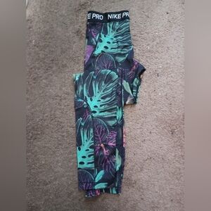Nike Black and Green Leggings with Tropical Print